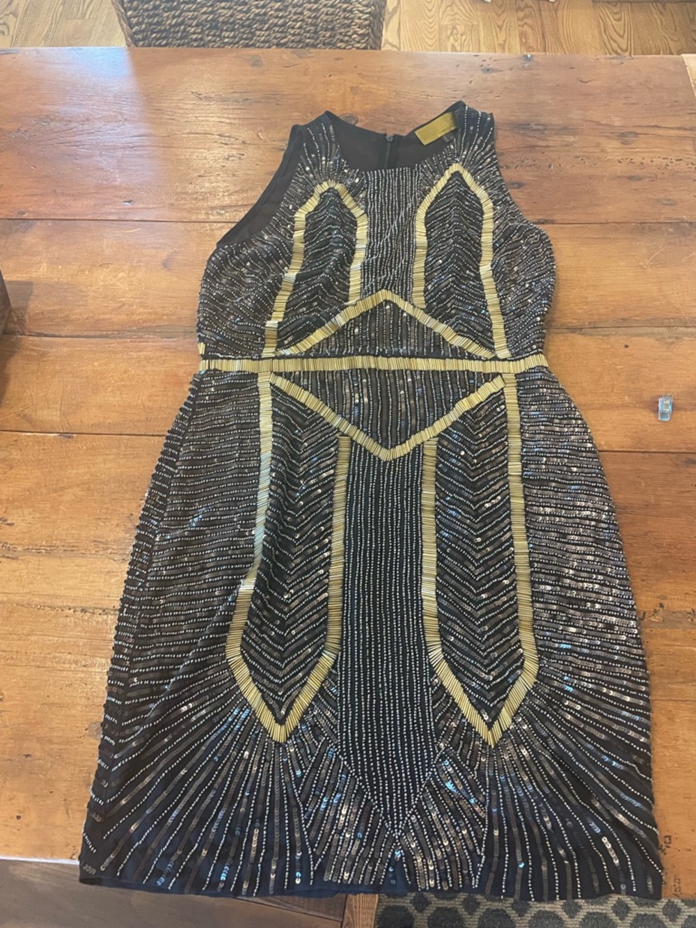 Nicole Miller Black Sequin Dress with Gold Label Detail
